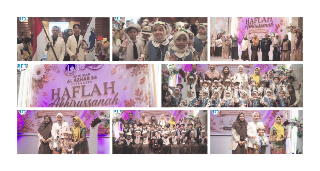 Suasana Haflah Akhirussanah TK Islam Al Azhar 54 Pekanbaru dengan prosesi murid, pemberian penghargaan, dan foto bersama guru serta orang tua.